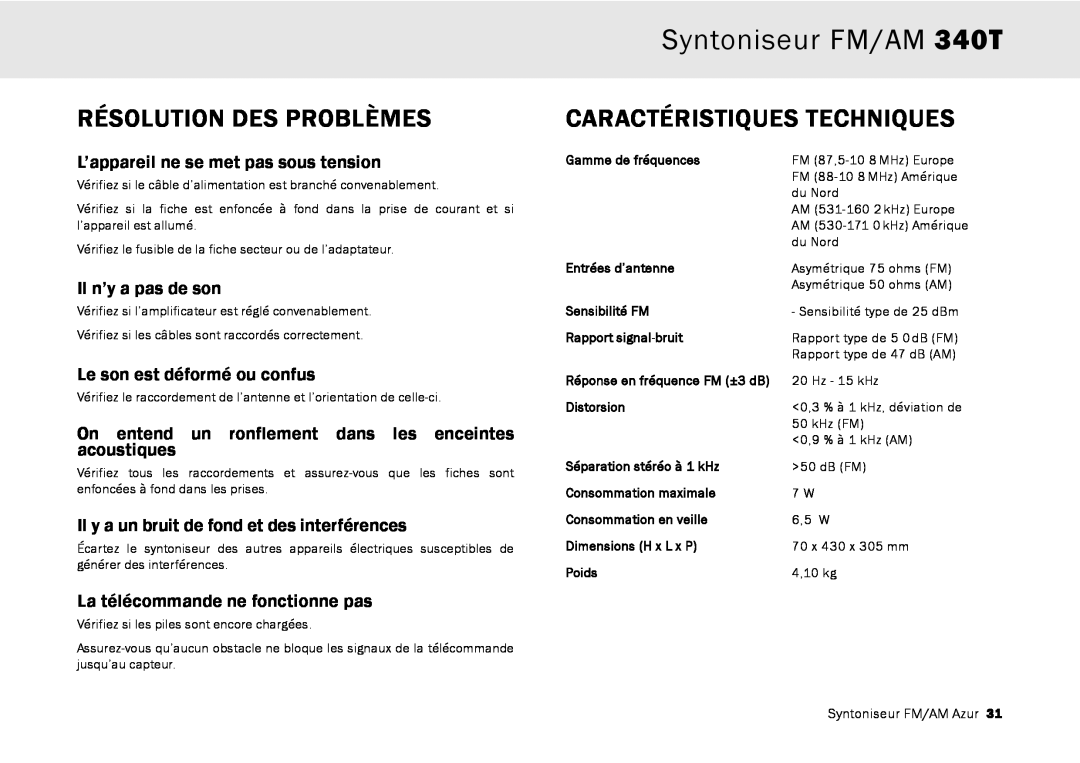 Cambridge Audio Résolution Des Problèmes, Caractéristiques Techniques, Syntoniseur FM/AM 340T, Il n’y a pas de son 