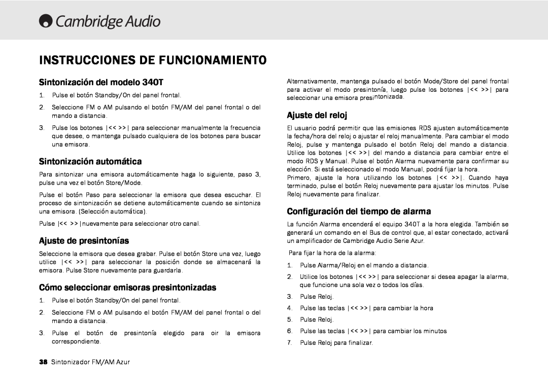Cambridge Audio user manual Instrucciones De Funcionamiento, Sintonización del modelo 340T, Sintonización automática 