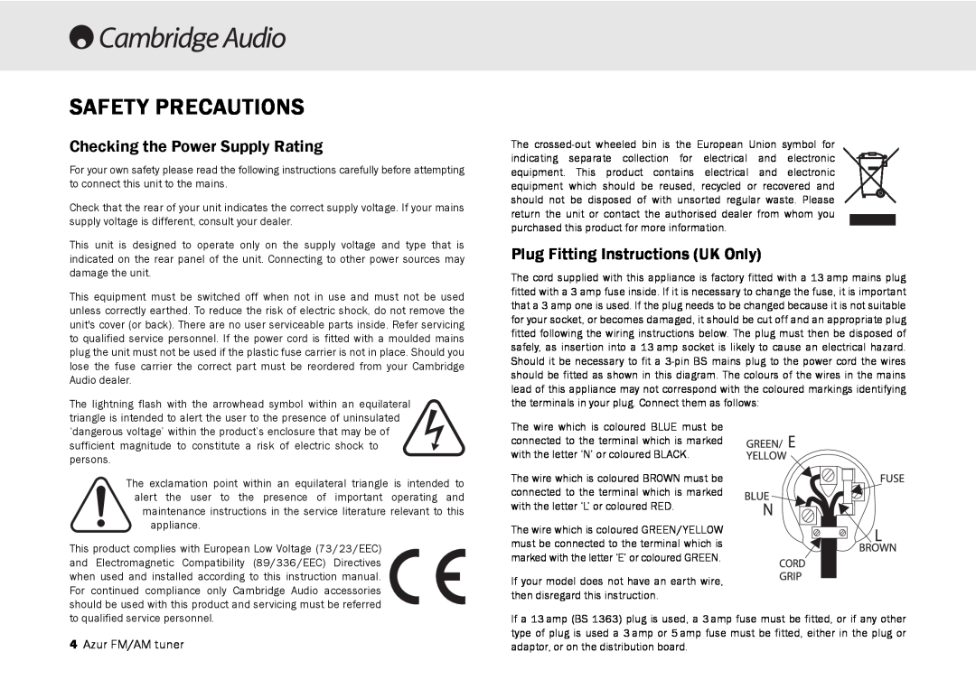 Cambridge Audio 340T user manual Safety Precautions, Checking the Power Supply Rating, Plug Fitting Instructions UK Only 