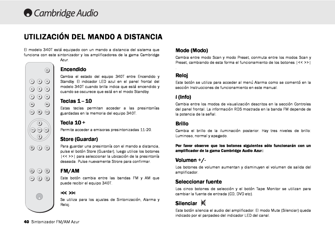 Cambridge Audio 340T user manual Utilización Del Mando A Distancia 