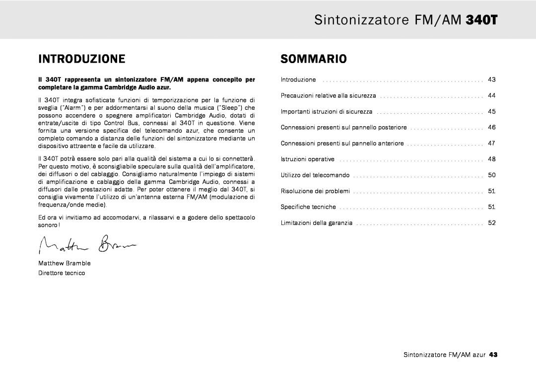 Cambridge Audio user manual Sintonizzatore FM/AM 340T, Introduzione, Sommario 