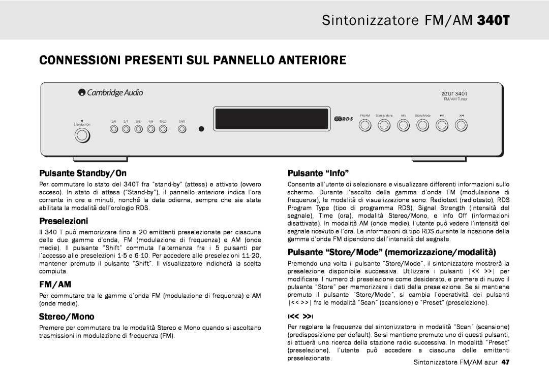 Cambridge Audio Connessioni Presenti Sul Pannello Anteriore, Sintonizzatore FM/AM 340T, Pulsante Standby/On, Fm/Am 