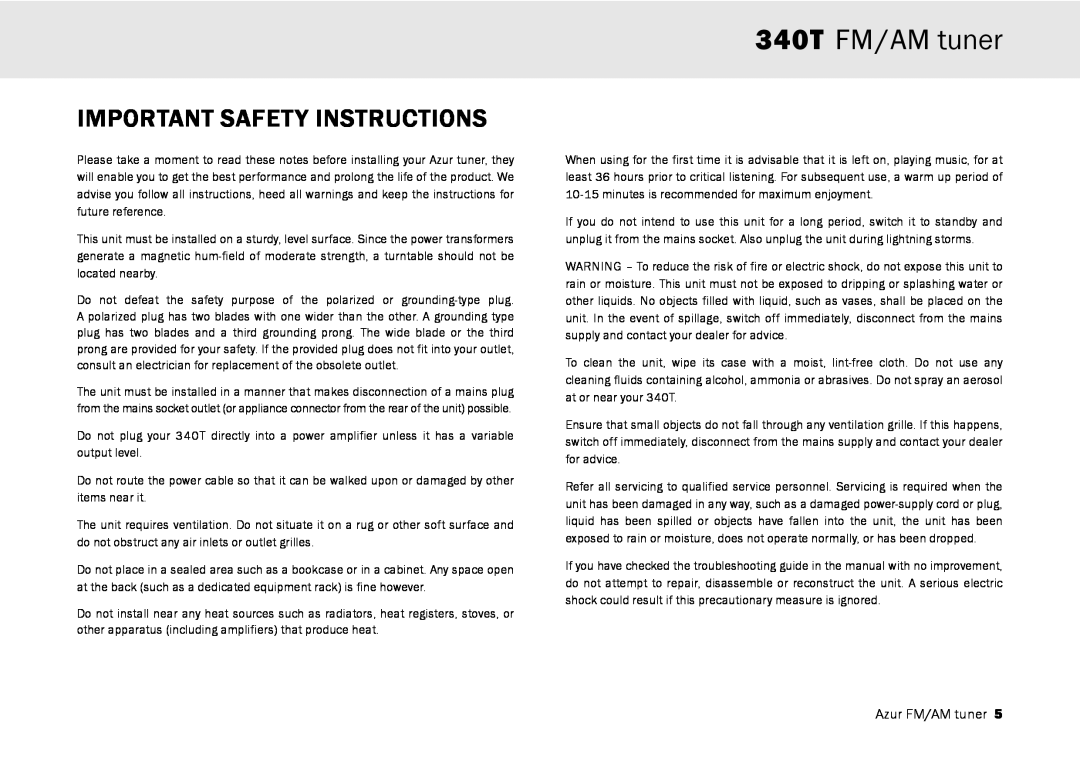 Cambridge Audio user manual Important Safety Instructions, 340T FM/AM tuner 