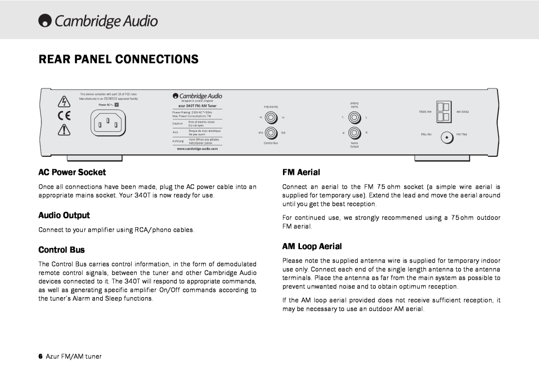 Cambridge Audio 340T Rear Panel Connections, AC Power Socket, FM Aerial, Audio Output, Control Bus, AM Loop Aerial 