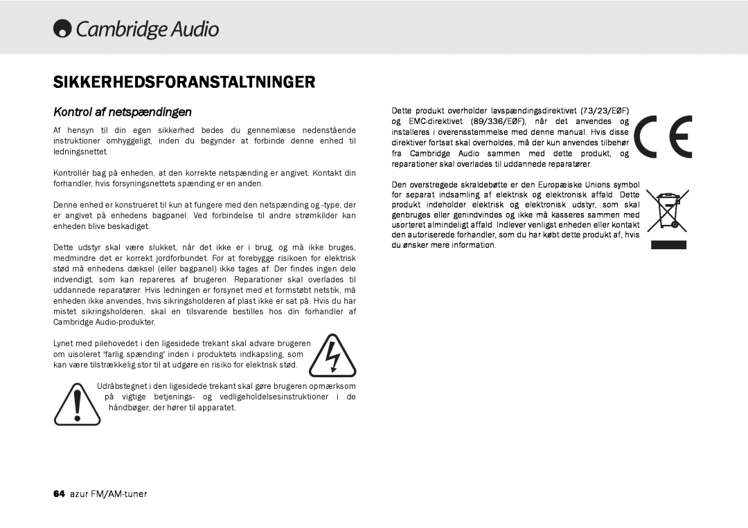 Cambridge Audio 340T user manual Sikkerhedsforanstaltninger, Kontrol af netspændingen 