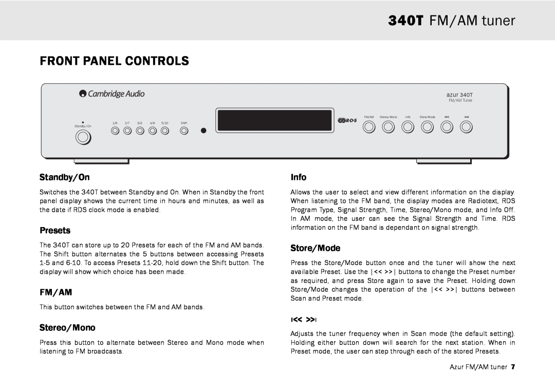 Cambridge Audio Front Panel Controls, 340T FM/AM tuner, Standby/On, Presets, Fm/Am, Stereo/Mono, Info, Store/Mode 