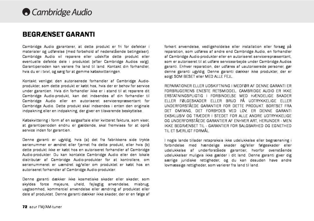 Cambridge Audio user manual Begrænset Garanti, 340T FM/AM-tuner 