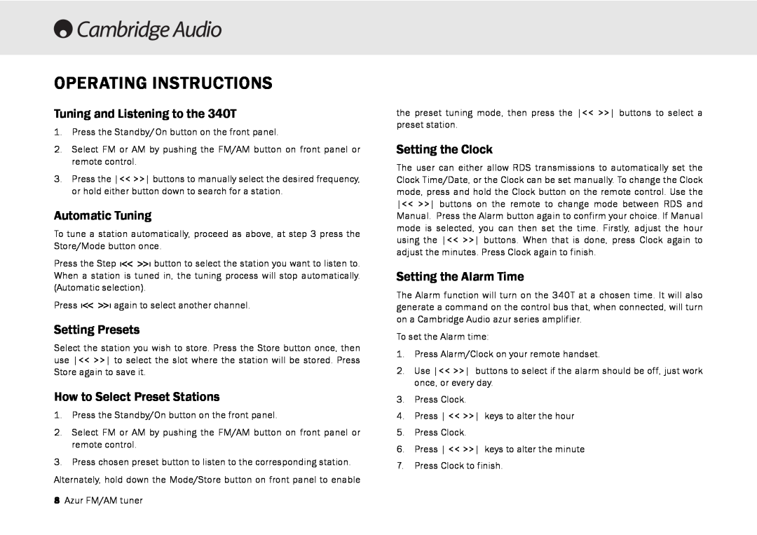 Cambridge Audio user manual Operating Instructions, Tuning and Listening to the 340T, Automatic Tuning, Setting Presets 