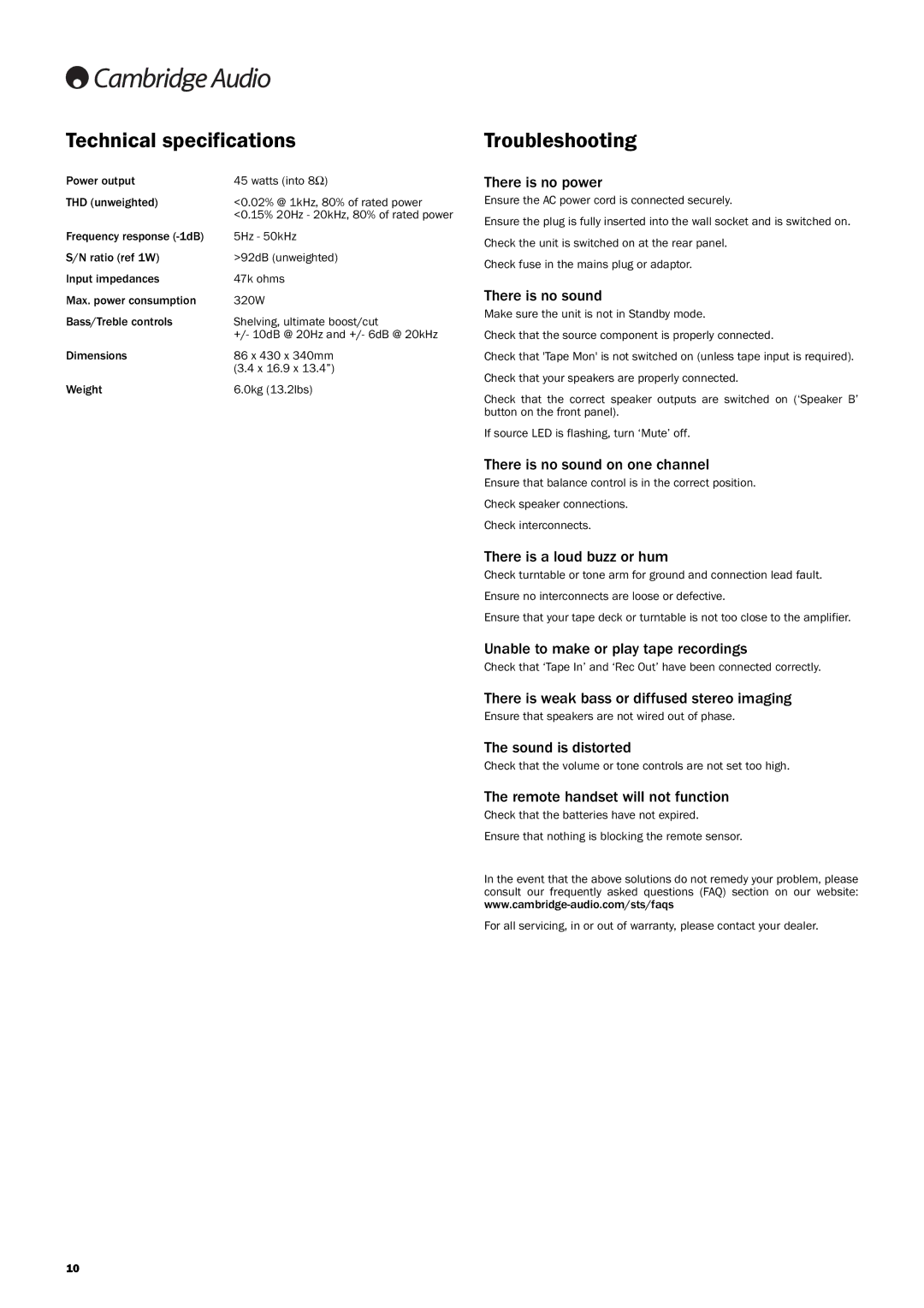 Cambridge Audio 350A user manual Technical specifications, Troubleshooting 