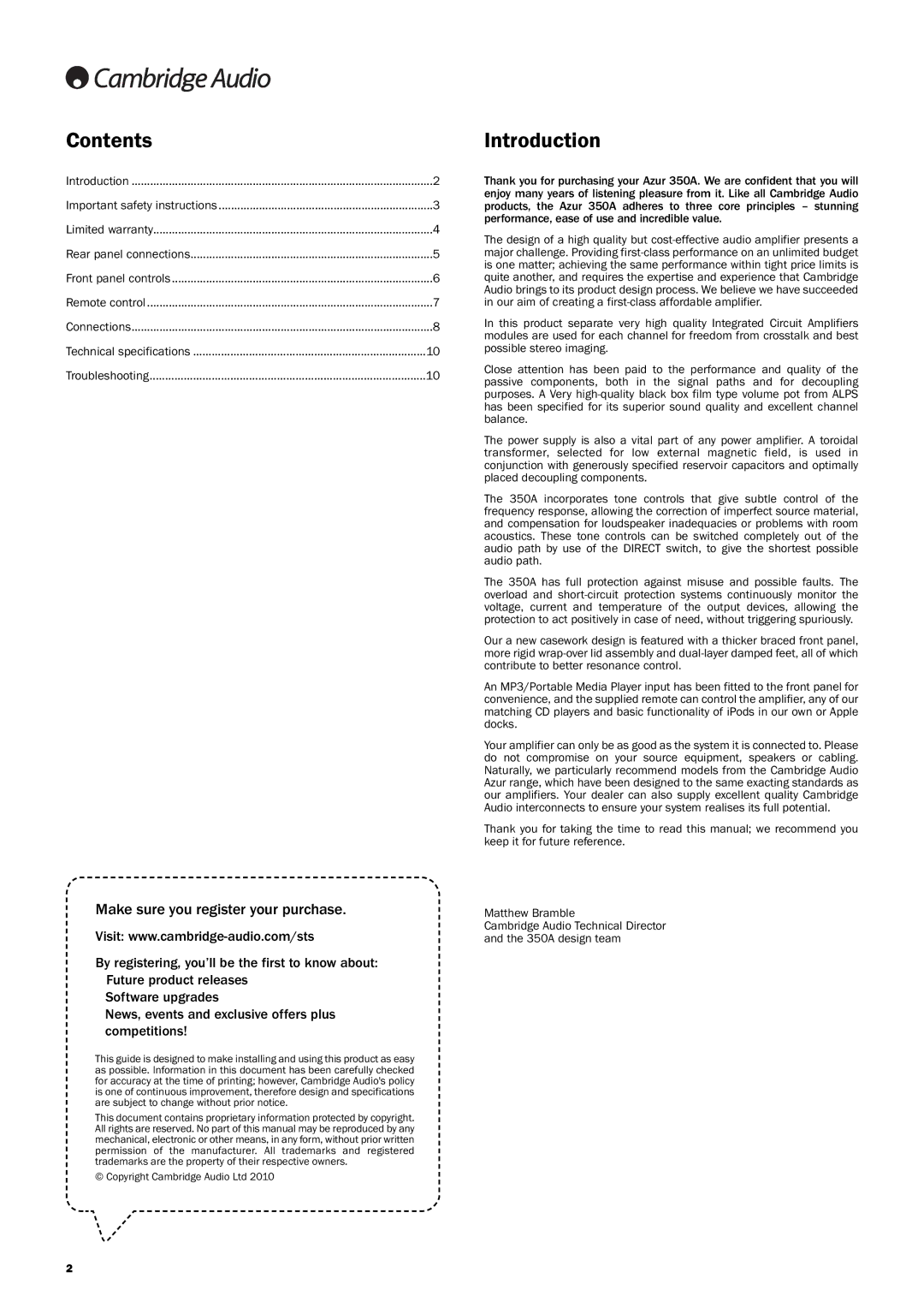 Cambridge Audio 350A user manual Contents, Introduction 