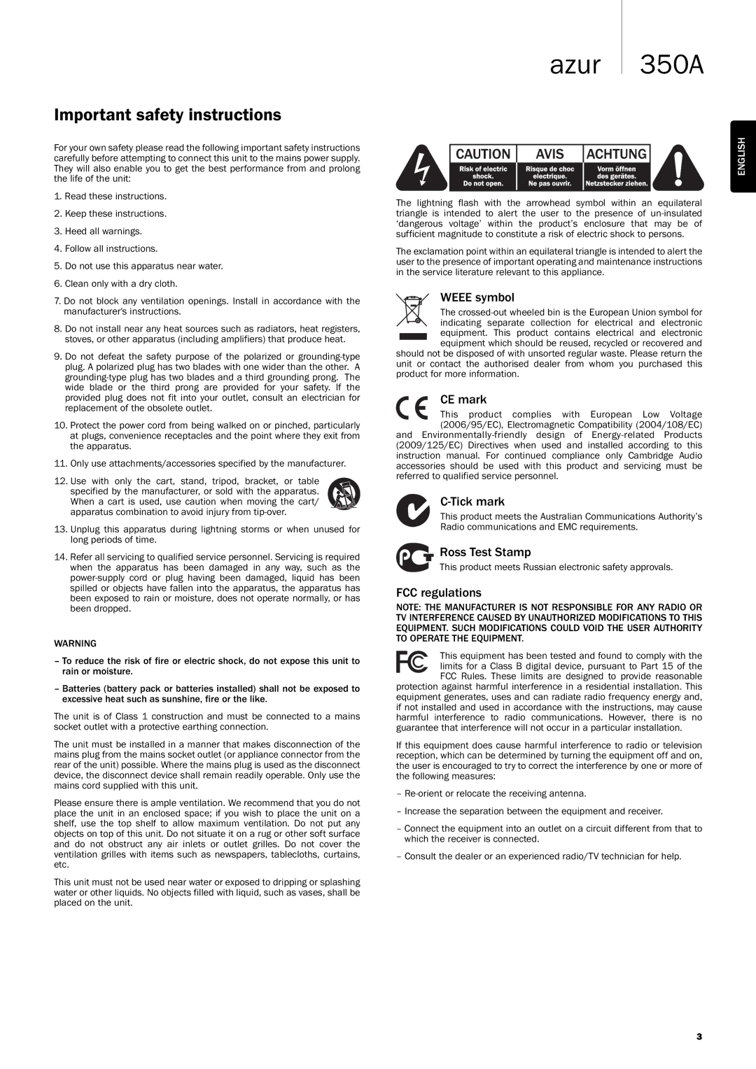 Cambridge Audio 350A user manual Important safety instructions 