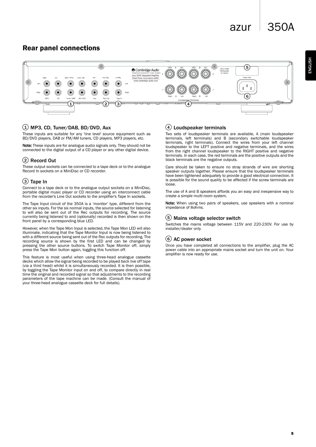 Cambridge Audio 350A user manual Rear panel connections 