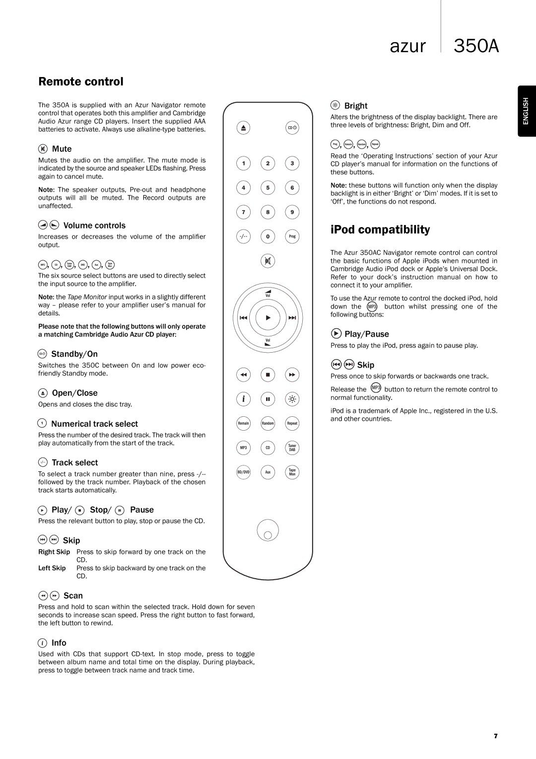 Cambridge Audio 350A user manual Remote control, IPod compatibility 