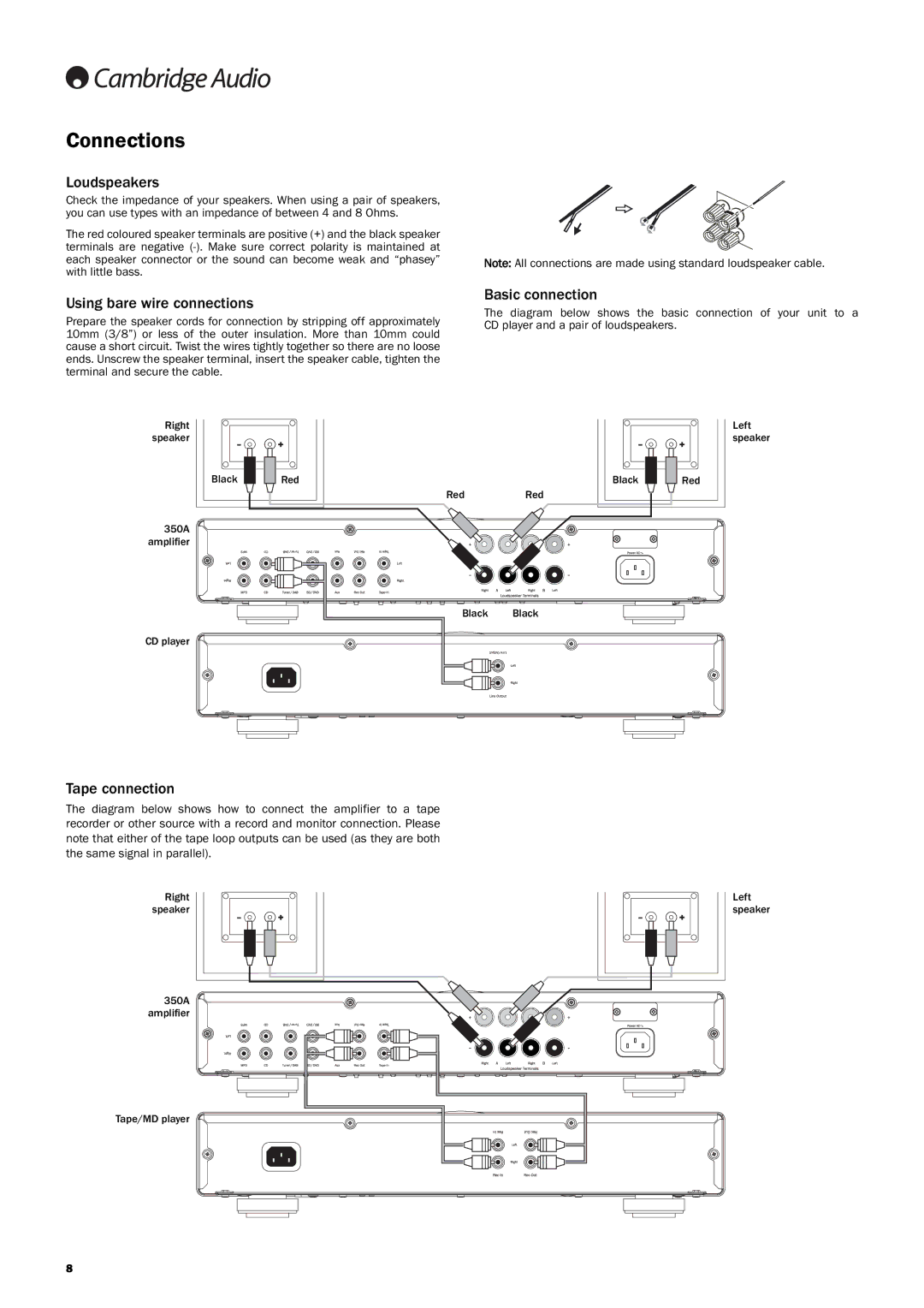 Cambridge Audio 350A user manual Connections, Using bare wire connections, Basic connection, Tape connection 