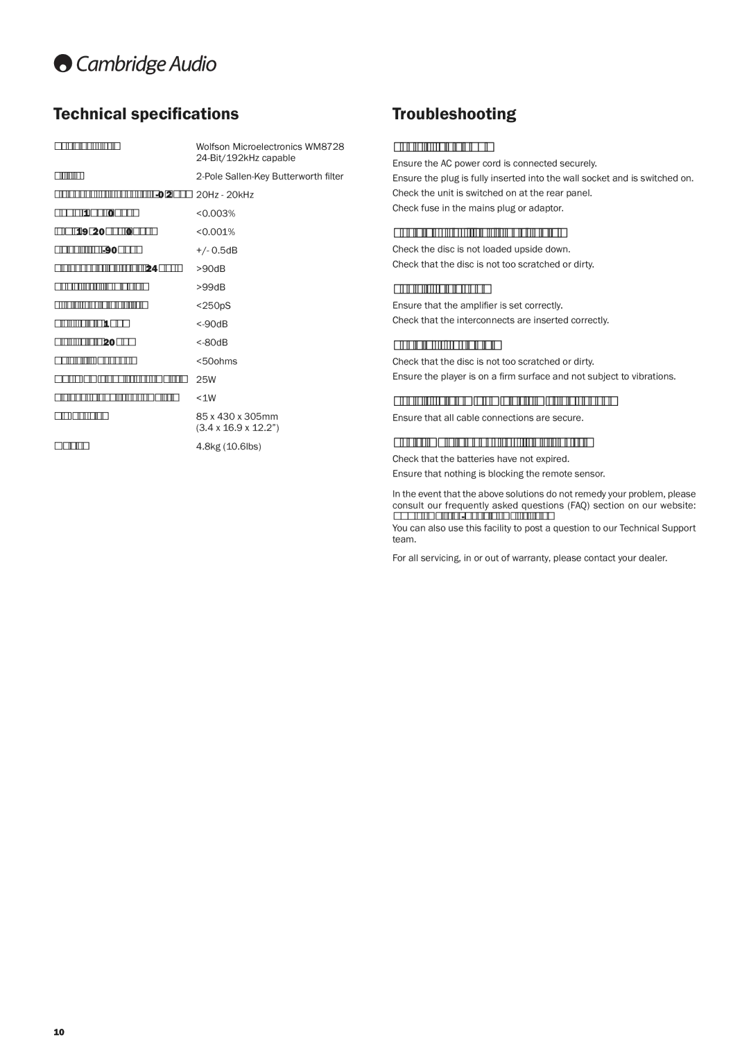 Cambridge Audio 350C user manual Technical speciﬁcations, Troubleshooting 