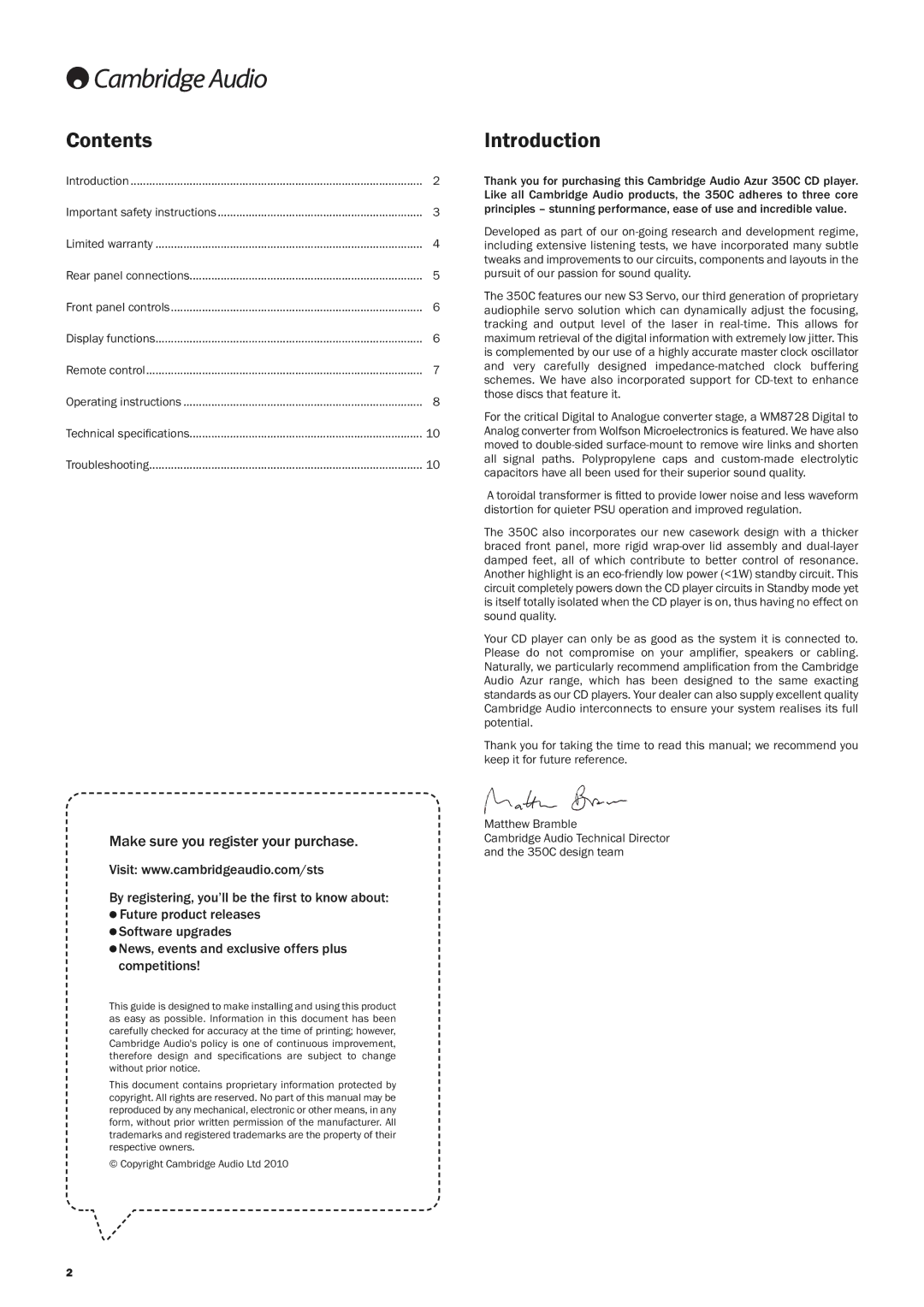 Cambridge Audio 350C user manual Contents, Introduction 