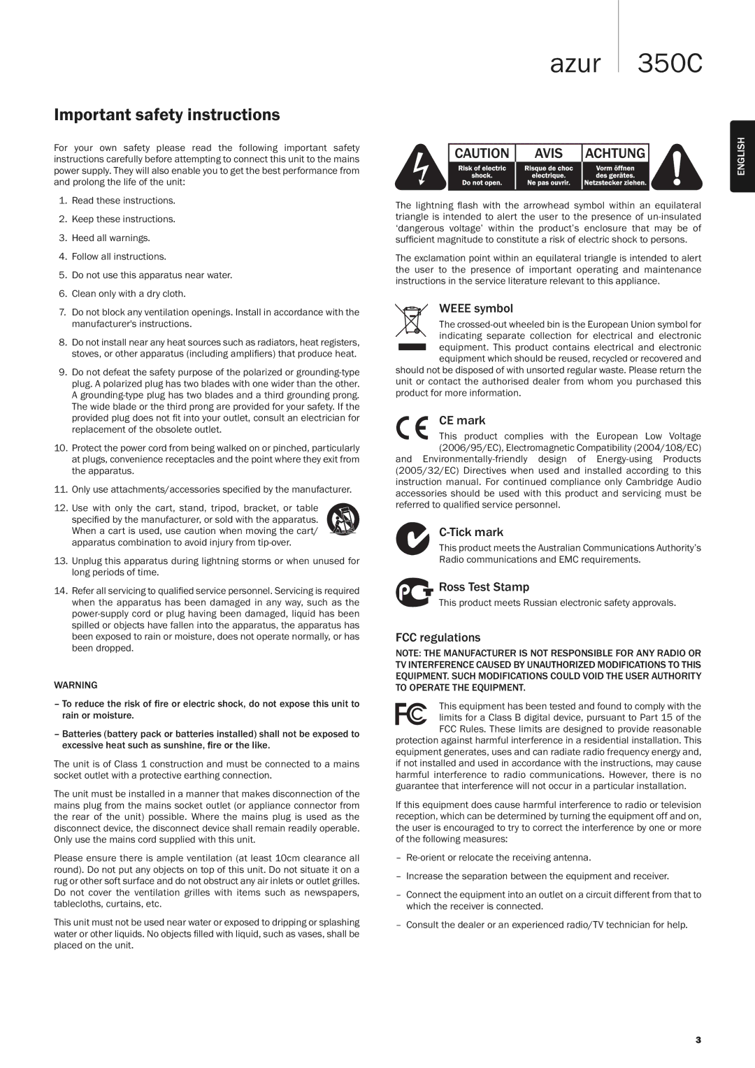 Cambridge Audio 350C user manual Important safety instructions 