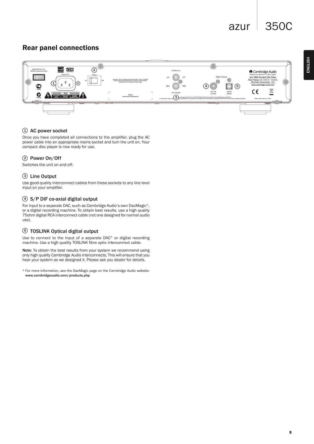 Cambridge Audio 350C user manual Rear panel connections 