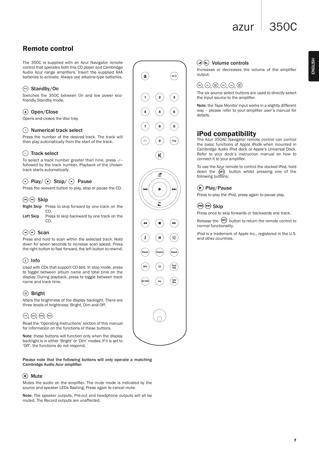 Cambridge Audio 350C user manual Remote control, IPod compatibility 