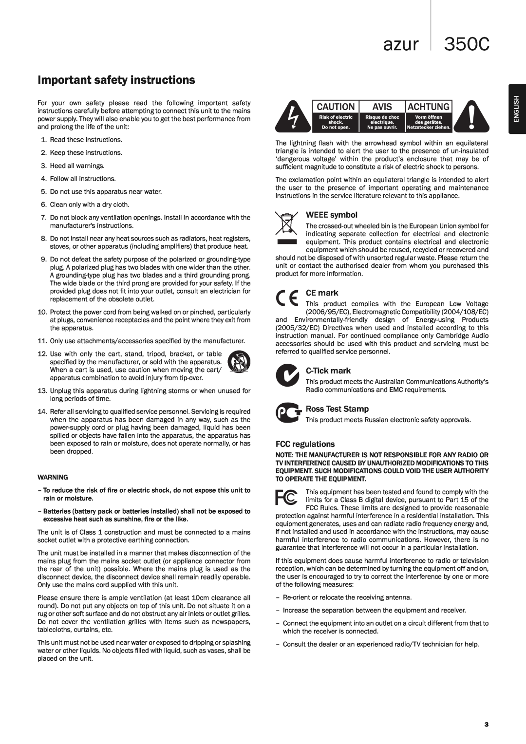 Cambridge Audio azur 350C, Important safety instructions, WEEE symbol, CE mark, C-Tickmark, Ross Test Stamp, English 