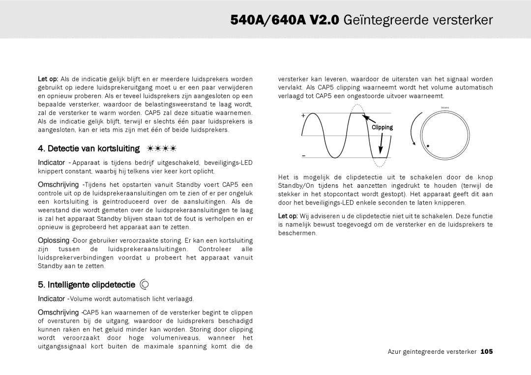 Cambridge Audio 640A, 540A user manual Detectie van kortsluiting, Intelligente clipdetectie 