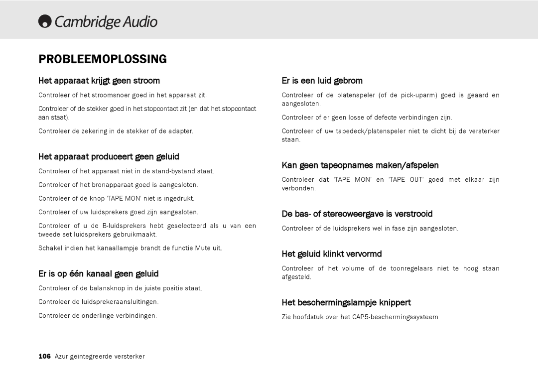 Cambridge Audio 540A, 640A user manual Probleemoplossing 