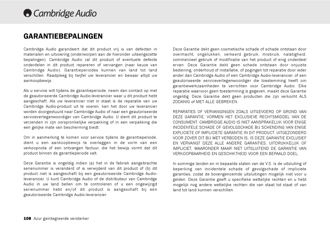 Cambridge Audio 540A, 640A user manual Garantiebepalingen 