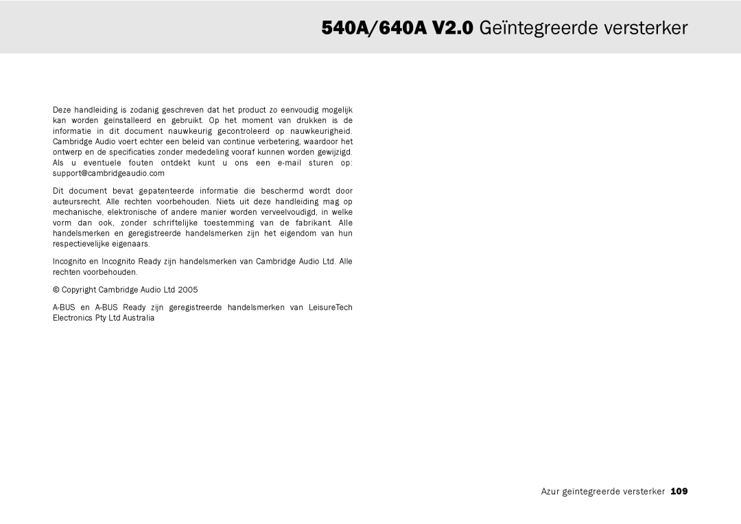 Cambridge Audio user manual 540A/640A V2.0 Geïntegreerde versterker 