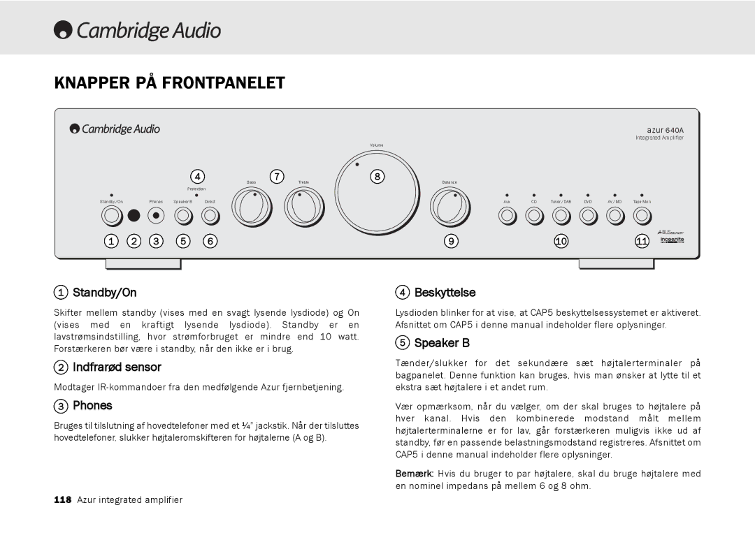 Cambridge Audio 540A, 640A user manual Knapper PÅ Frontpanelet, Indfrarød sensor, Beskyttelse 