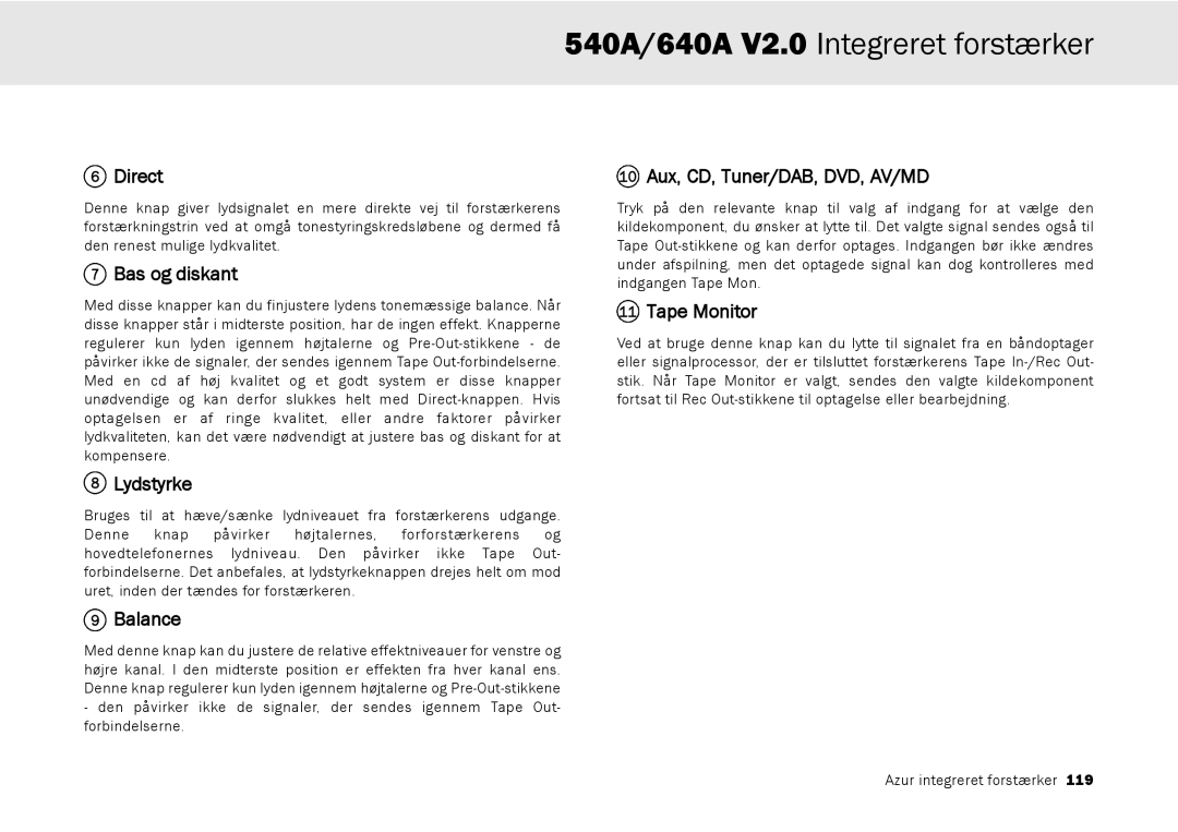 Cambridge Audio 640A, 540A user manual Bas og diskant, Lydstyrke 