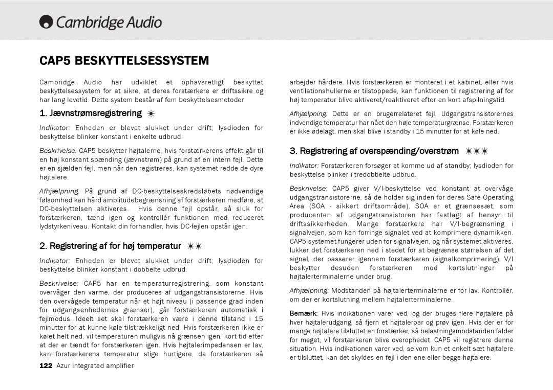 Cambridge Audio 540A, 640A user manual CAP5 Beskyttelsessystem, Jævnstrømsregistrering, Registrering af for høj temperatur 