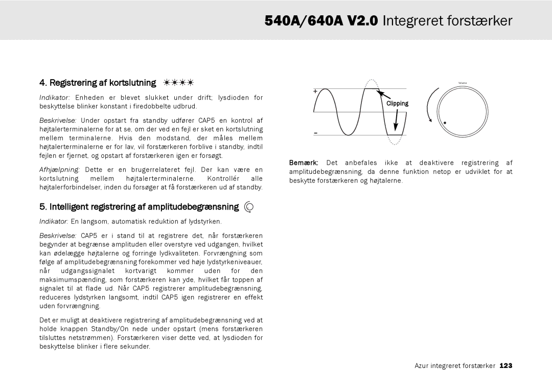 Cambridge Audio 640A, 540A user manual Registrering af kortslutning, Intelligent registrering af amplitudebegrænsning 