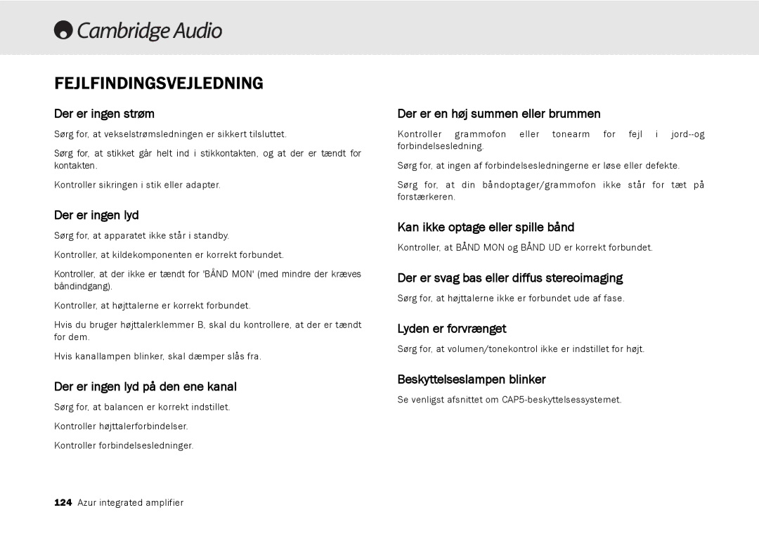 Cambridge Audio 540A, 640A user manual Fejlfindingsvejledning 