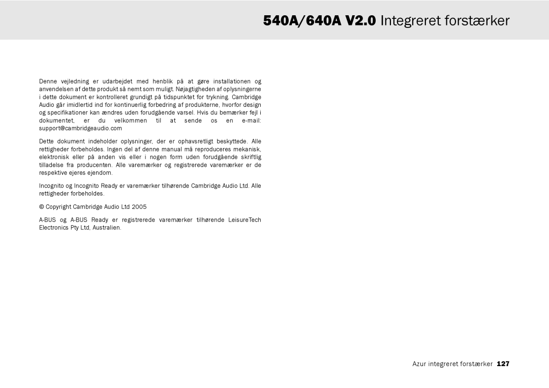 Cambridge Audio user manual 540A/640A V2.0 Integreret forstærker 