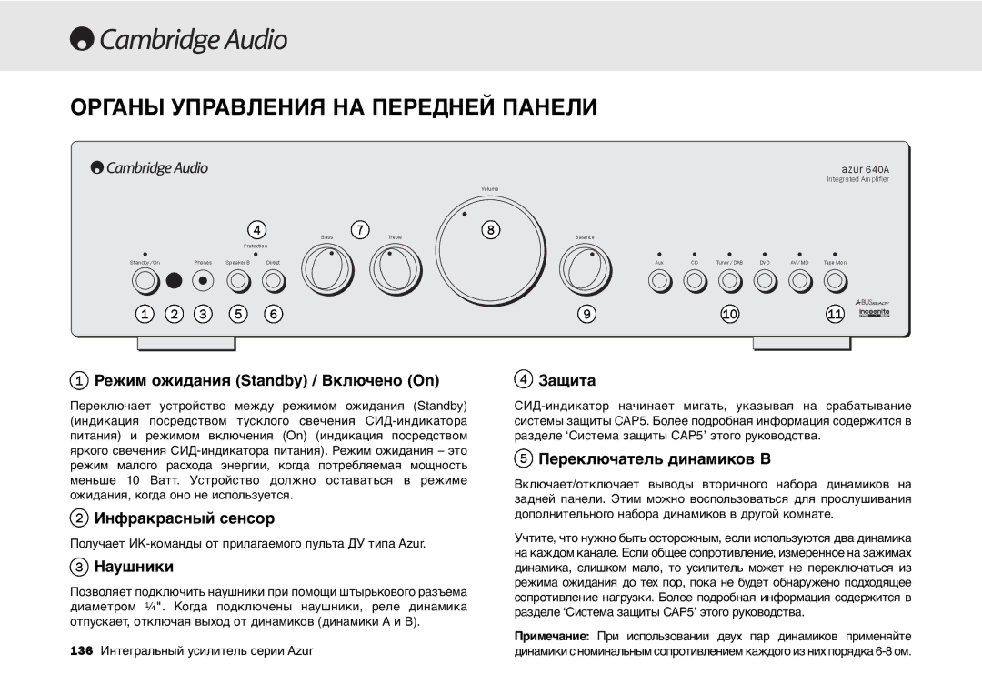 Cambridge Audio 540A, 640A user manual Органы Управления НА Передней Панели 