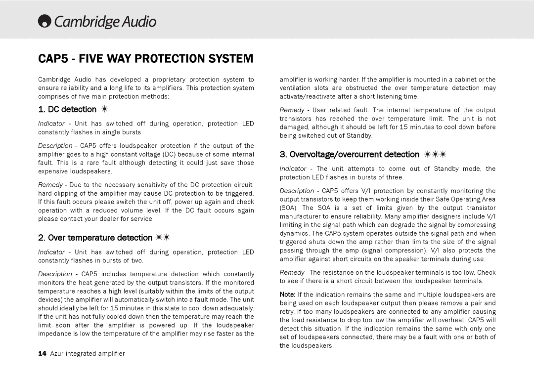 Cambridge Audio 540A, 640A user manual CAP5 Five WAY Protection System, DC detection, Over temperature detection 