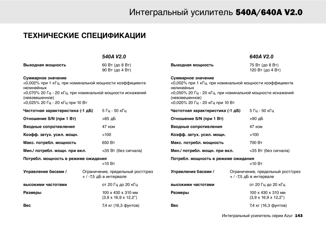 Cambridge Audio 640A, 540A user manual Технические Спецификации 