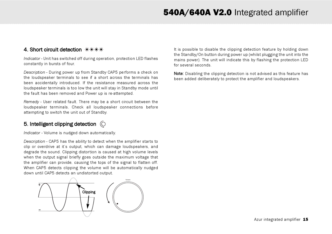 Cambridge Audio 640A, 540A user manual Short circuit detection, Intelligent clipping detection 