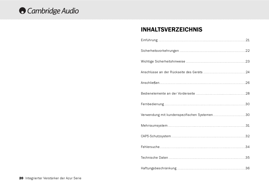 Cambridge Audio 540A, 640A user manual Inhaltsverzeichnis 