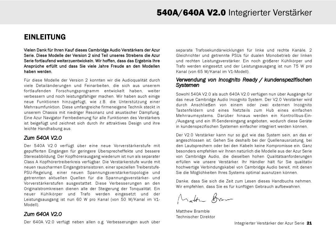 Cambridge Audio user manual Einleitung, Zum 540A, Zum 640A 