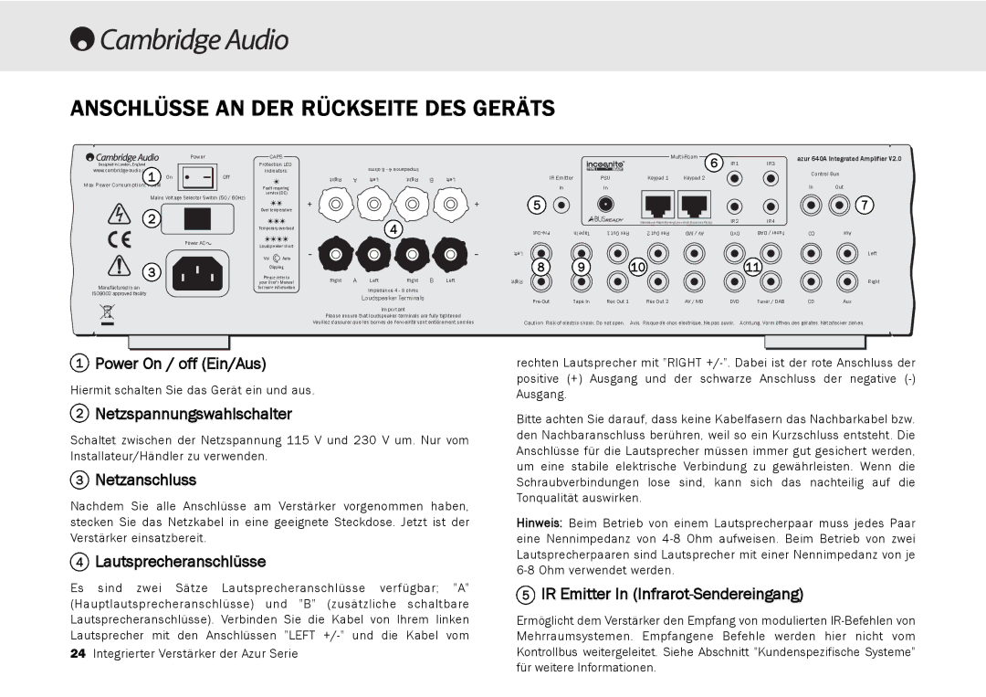 Cambridge Audio 540A, 640A user manual Anschlüsse AN DER Rückseite DES Geräts 