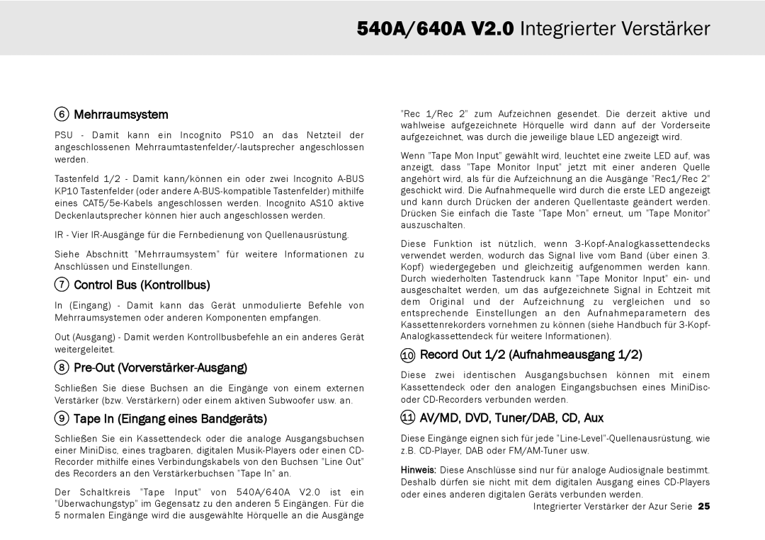 Cambridge Audio 640A, 540A user manual Mehrraumsystem, Control Bus Kontrollbus, Pre-Out Vorverstärker-Ausgang 