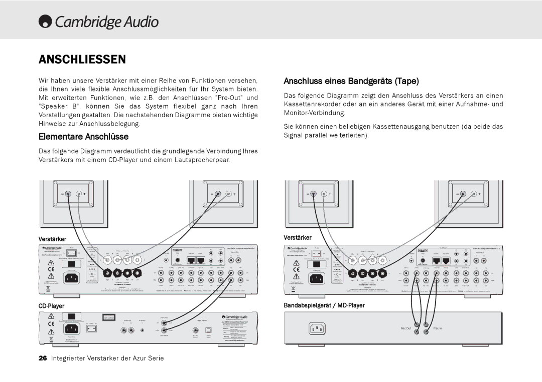 Cambridge Audio 540A, 640A user manual Anschliessen, Elementare Anschlüsse, Anschluss eines Bandgeräts Tape, Verstärker 