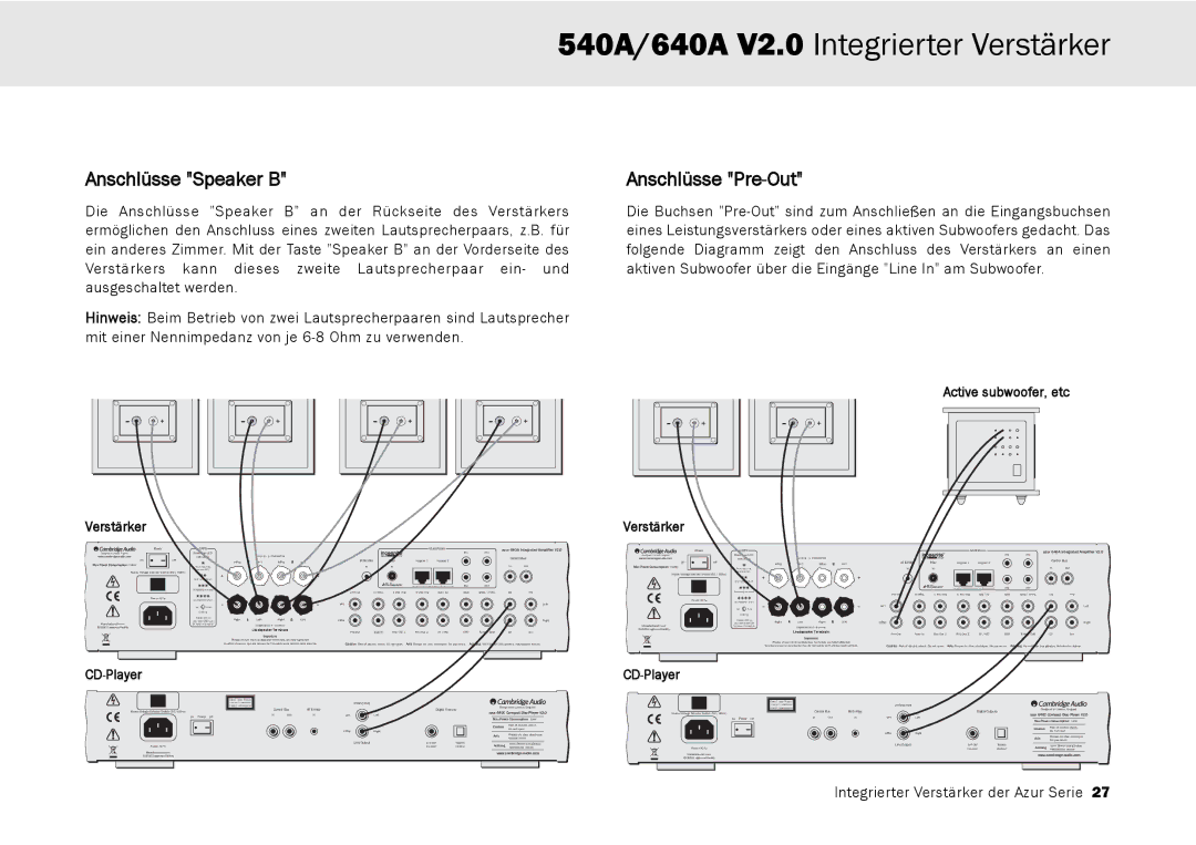 Cambridge Audio 640A, 540A user manual Anschlüsse Speaker B, Anschlüsse Pre-Out, CD-Player 