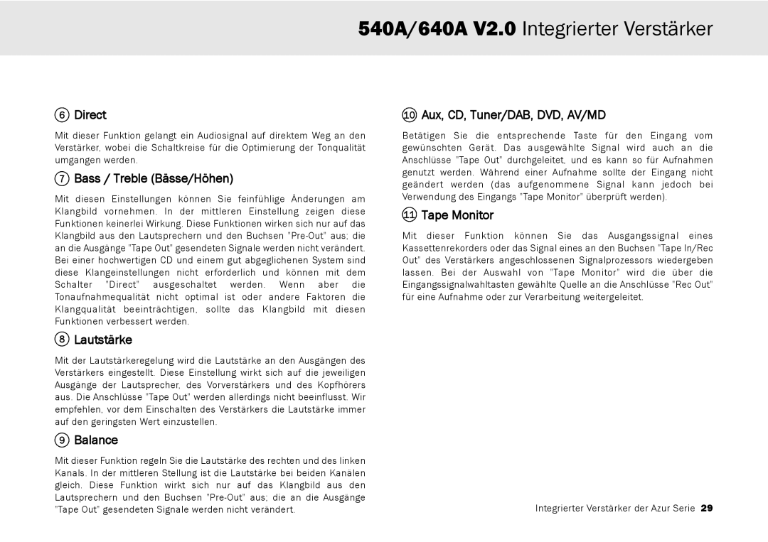 Cambridge Audio 640A, 540A user manual Bass / Treble Bässe/Höhen, Lautstärke 