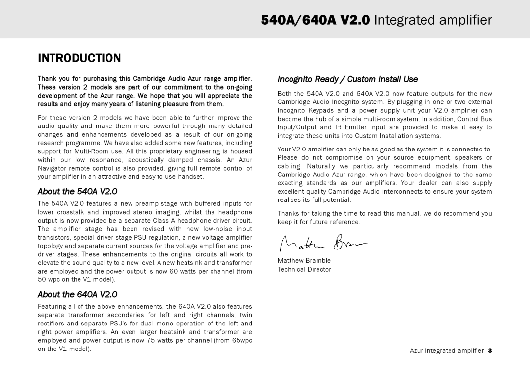 Cambridge Audio user manual Introduction, About the 540A, Incognito Ready / Custom Install Use, About the 640A 