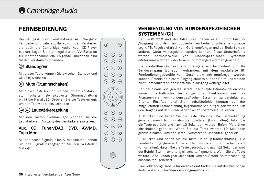 Cambridge Audio 540A, 640A user manual Fernbedienung, Mute Stummschalten, Lautstärkeregelung 