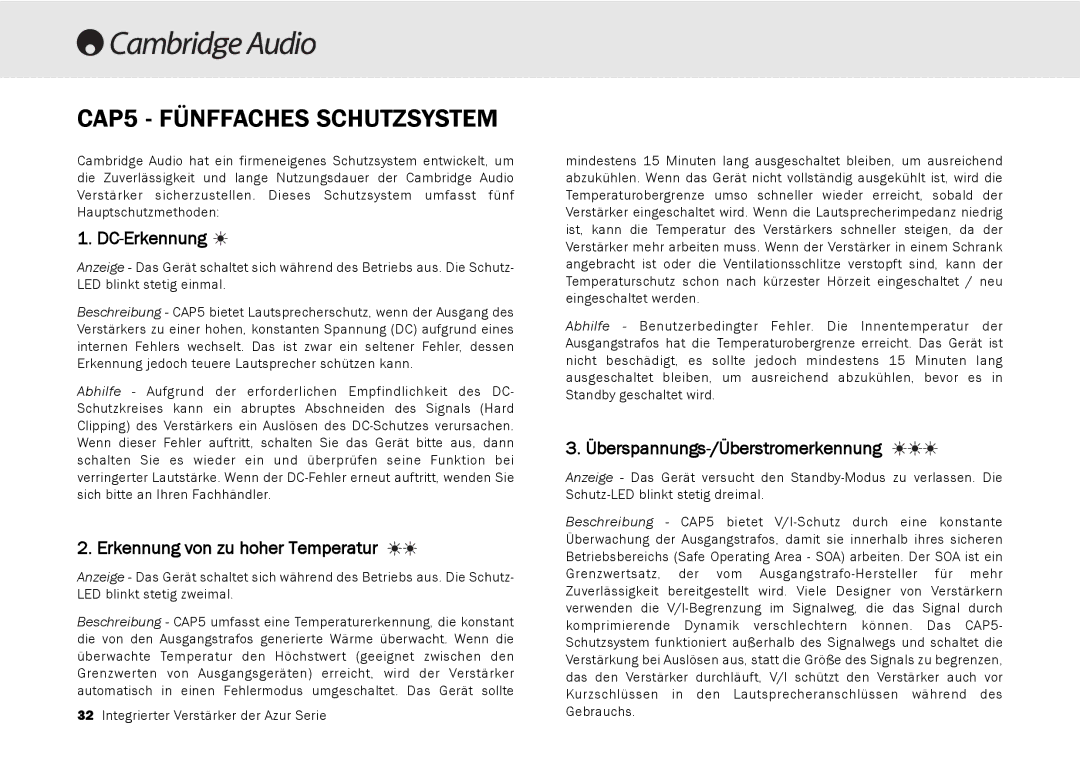 Cambridge Audio 540A, 640A user manual CAP5 Fünffaches Schutzsystem, DC-Erkennung, Erkennung von zu hoher Temperatur 