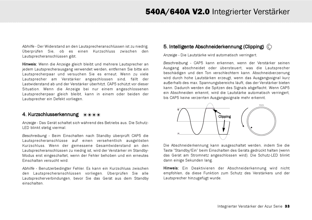 Cambridge Audio 640A, 540A user manual Kurzschlusserkennung, Intelligente Abschneiderkennung Clipping 