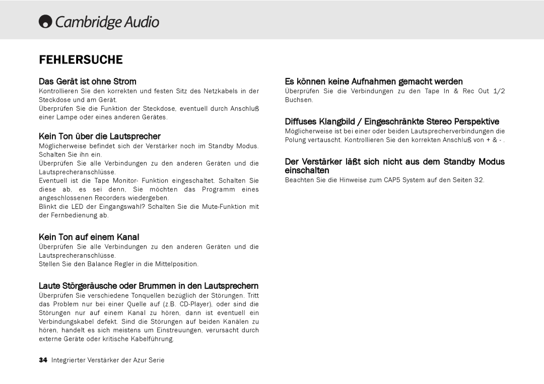 Cambridge Audio 540A, 640A user manual Fehlersuche 